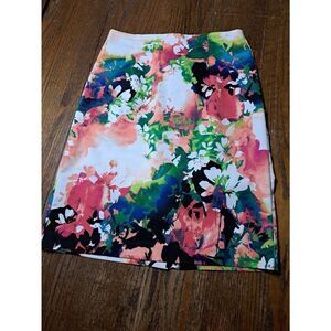 Size 10 Worthington Colorful Floral Midi Skirt Green Blue Pink Coral Flowers